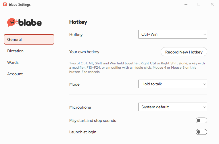 blabe Settings on Windows, General page: Hotkey set to Ctrl+Win, a Record New Hotkey button with a line listing the keys you can use, Mode set to Hold to talk, Microphone set to System default, and switches for Play start and stop sounds and Launch at login, both off.