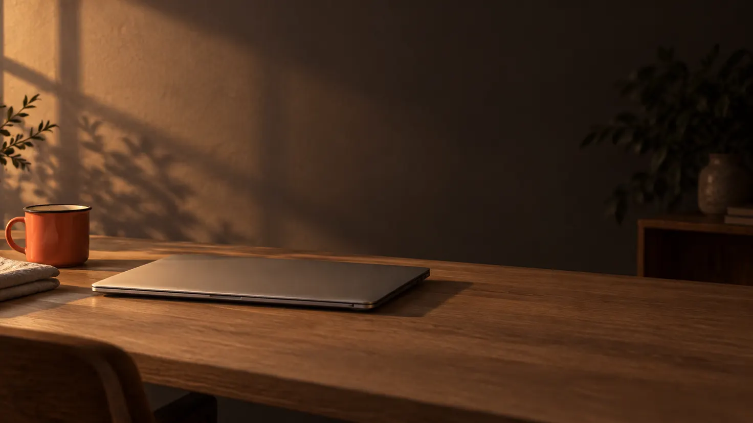 A closed laptop on a wooden desk in evening light, next to a coral mug