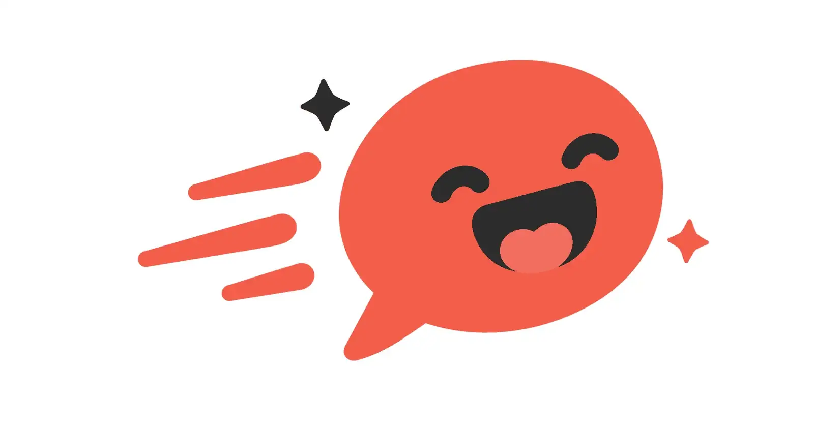 A cartoon coral speech bubble with a big smile zooming across the page, speed lines trailing behind it