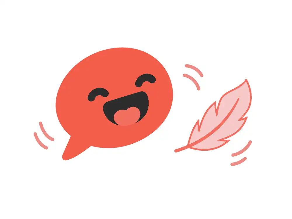 A cartoon coral speech bubble floating happily beside a light pink feather